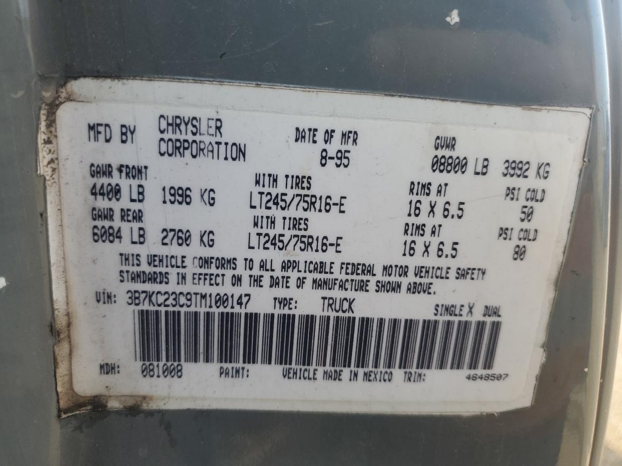 1996 Dodge Ram 2500 VIN: 3B7KC23C9TM100147 Lot: 63824105