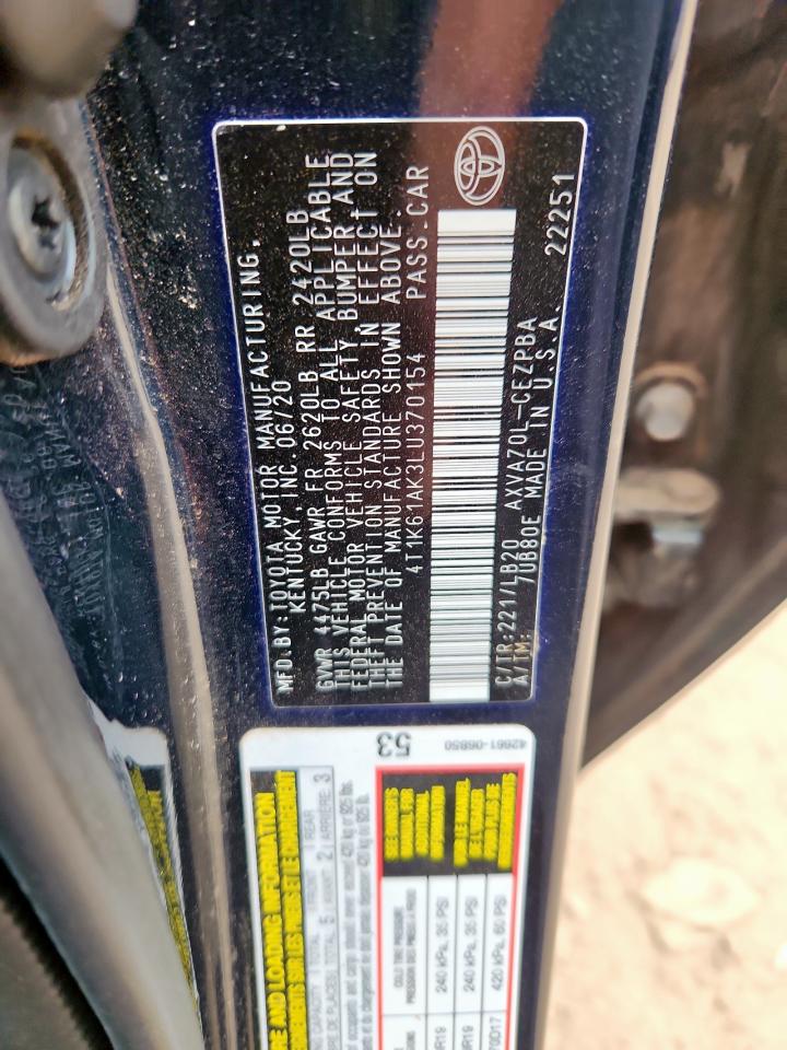 2020 Toyota Camry Xse VIN: 4T1K61AK3LU370154 Lot: 62321675