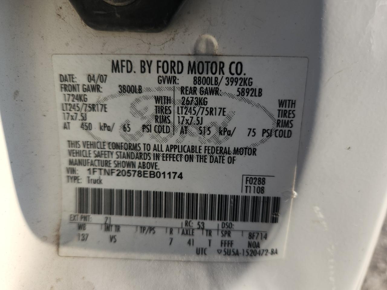 2008 Ford F250 Super Duty VIN: 1FTNF20578EB01174 Lot: 63839815