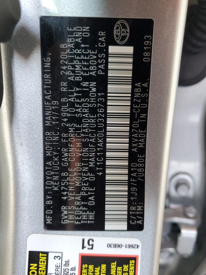 2020 Toyota Camry Le VIN: 4T1C11AK0LU326731 Lot: 66522275
