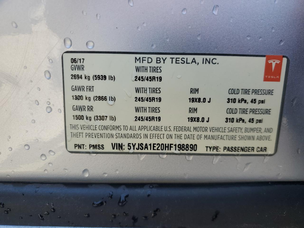 2017 Tesla Model S VIN: 5YJSA1E20HF198890 Lot: 63302575