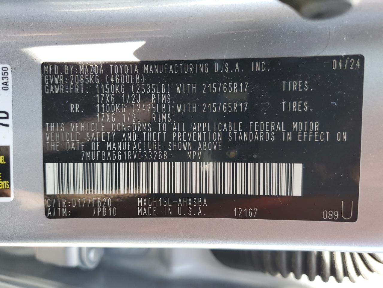 2024 Toyota Corolla Cross Se VIN: 7MUFBABG1RV033268 Lot: 64753175