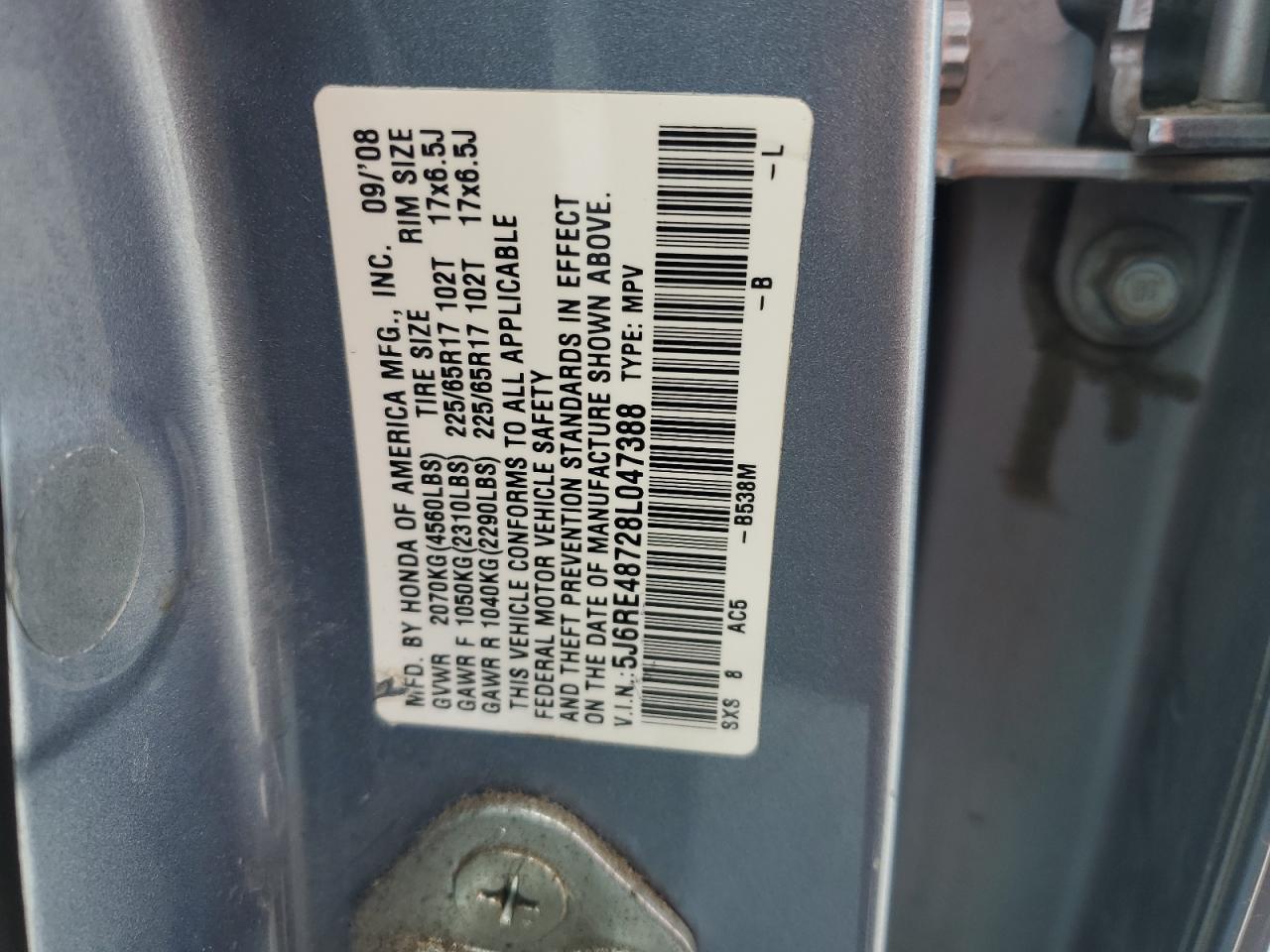 2008 Honda Cr-V Exl VIN: 5J6RE48728L047388 Lot: 66551105