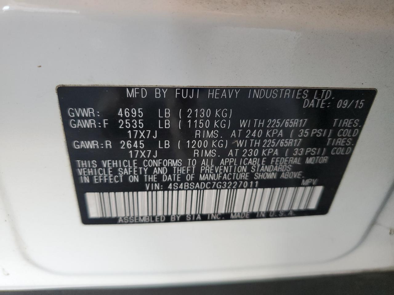 2016 Subaru Outback 2.5I Premium VIN: 4S4BSADC7G3227011 Lot: 63090385