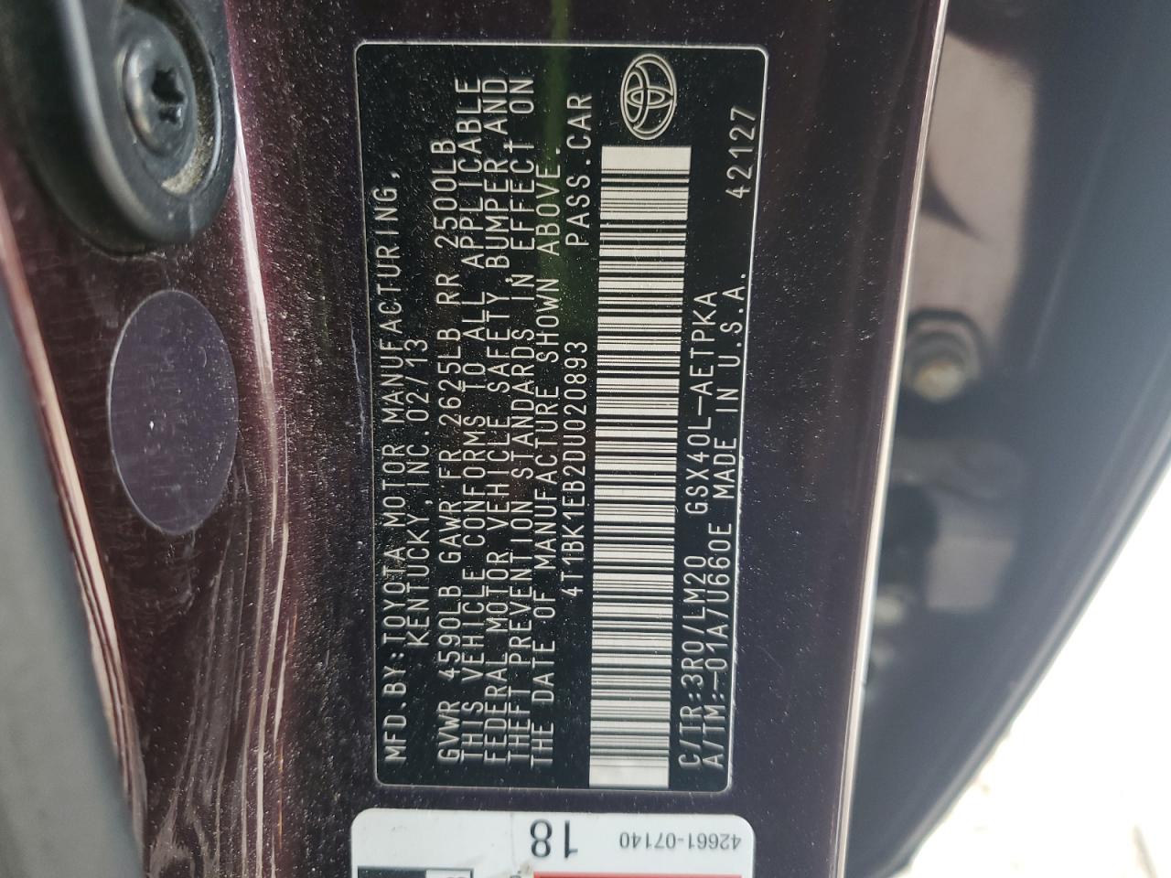 2013 Toyota Avalon Base VIN: 4T1BK1EB2DU020893 Lot: 64392075