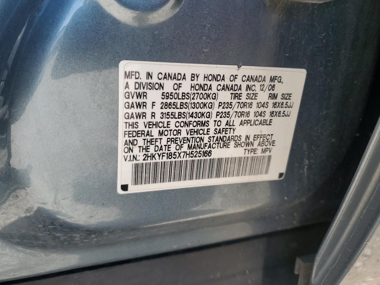 2007 Honda Pilot Exl VIN: 2HKYF185X7H525166 Lot: 63160295