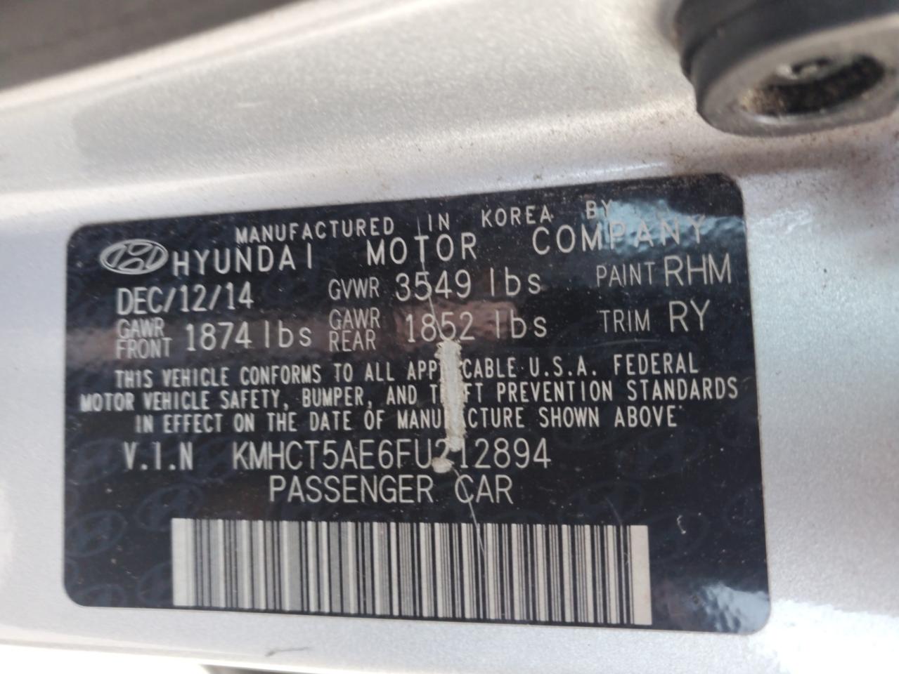 2015 Hyundai Accent Gs VIN: KMHCT5AE6FU212894 Lot: 63613895