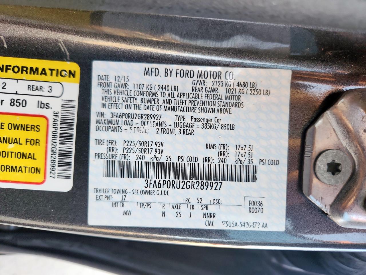 2016 Ford Fusion Titanium Hev VIN: 3FA6P0RU2GR289927 Lot: 65601325