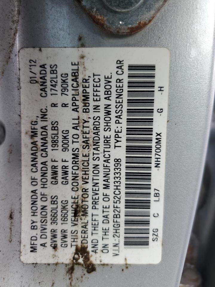 2012 Honda Civic Lx VIN: 2HGFB2F52CH333398 Lot: 64550235