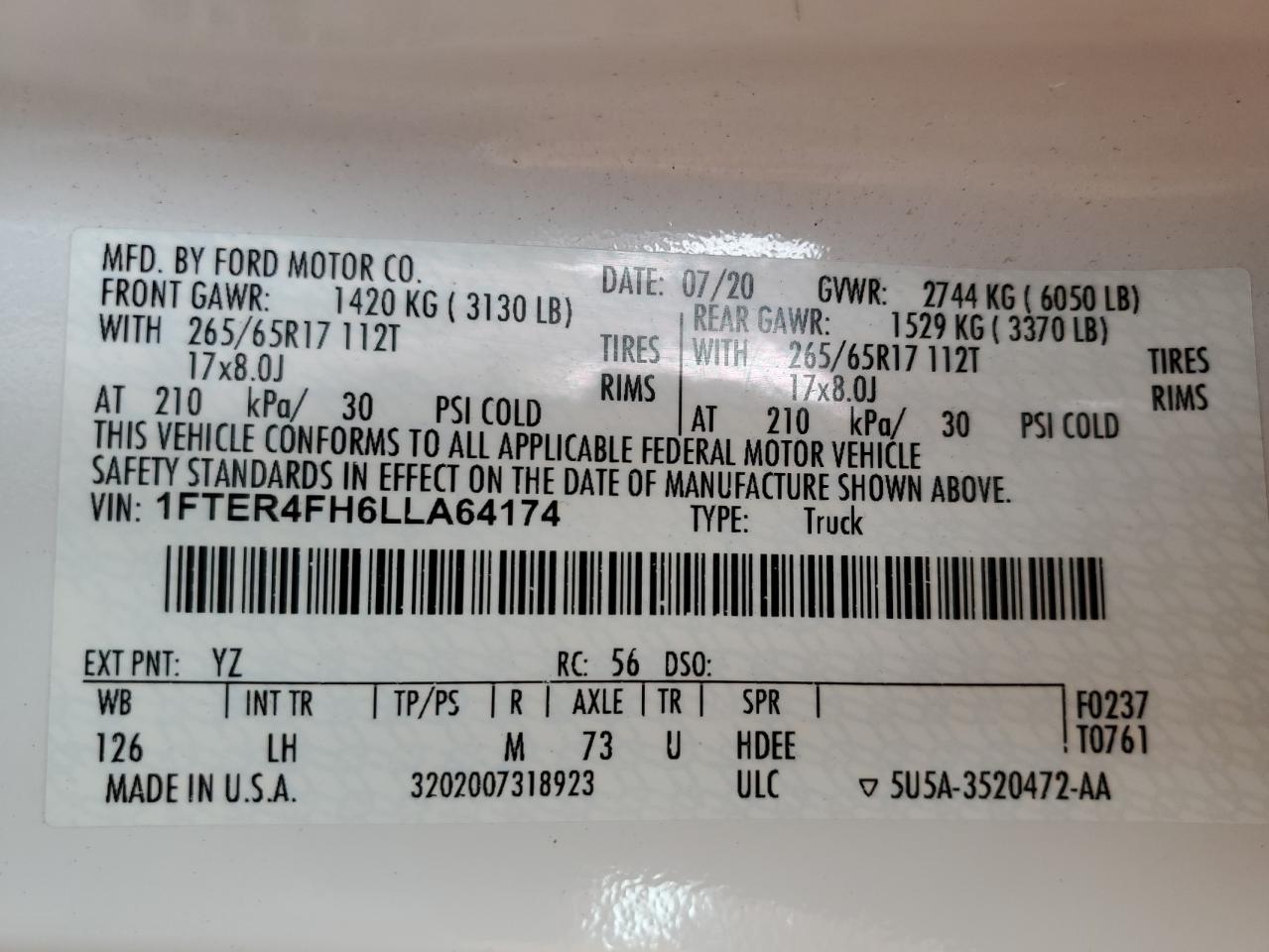 2020 Ford Ranger Xl VIN: 1FTER4FH6LLA64174 Lot: 63628375