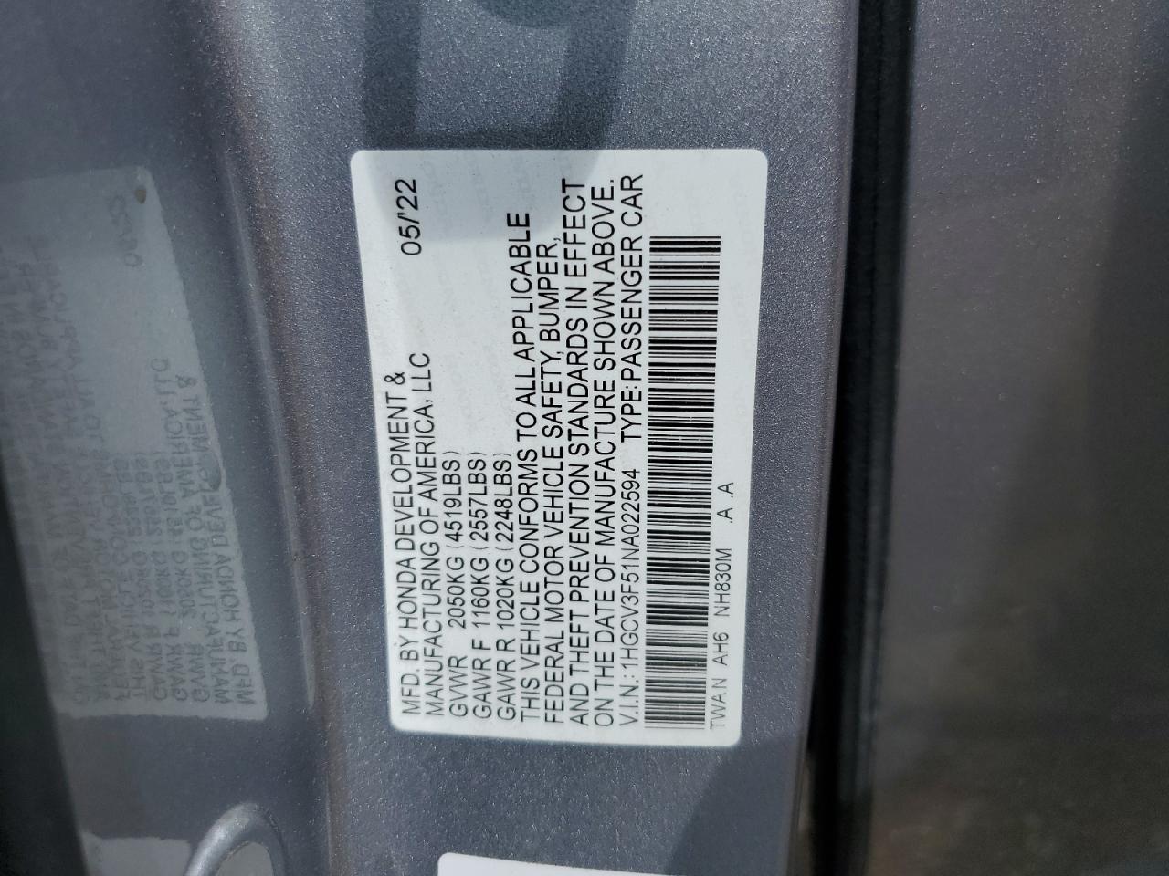 2022 Honda Accord Hybrid Exl VIN: 1HGCV3F51NA022594 Lot: 64039885