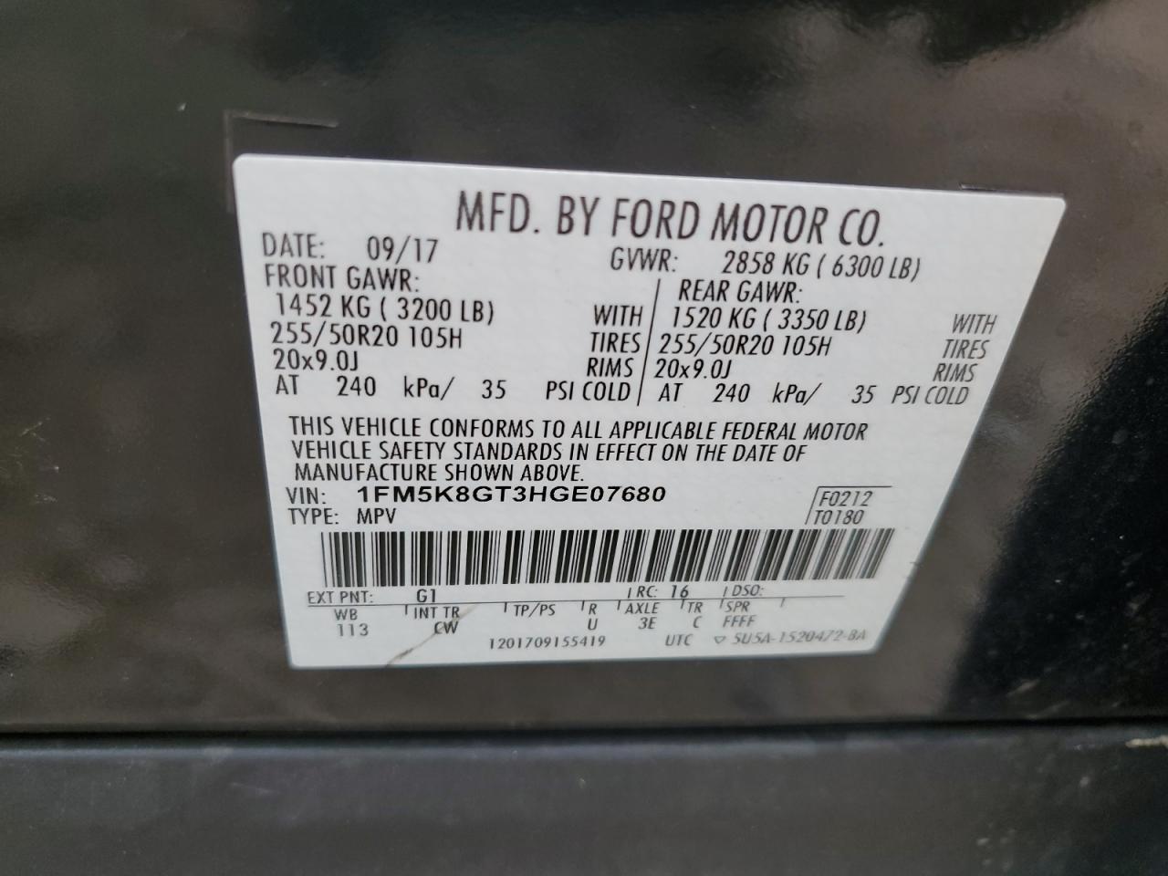 2017 Ford Explorer Sport VIN: 1FM5K8GT3HGE07680 Lot: 65127215