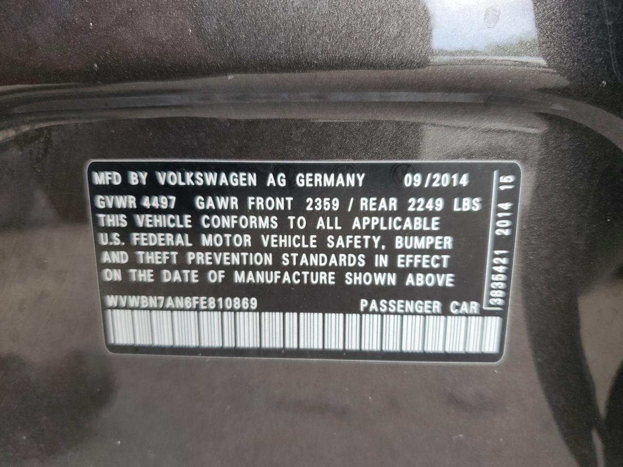 2015 Volkswagen Cc Sport VIN: WVWBN7AN6FE810869 Lot: 64204915
