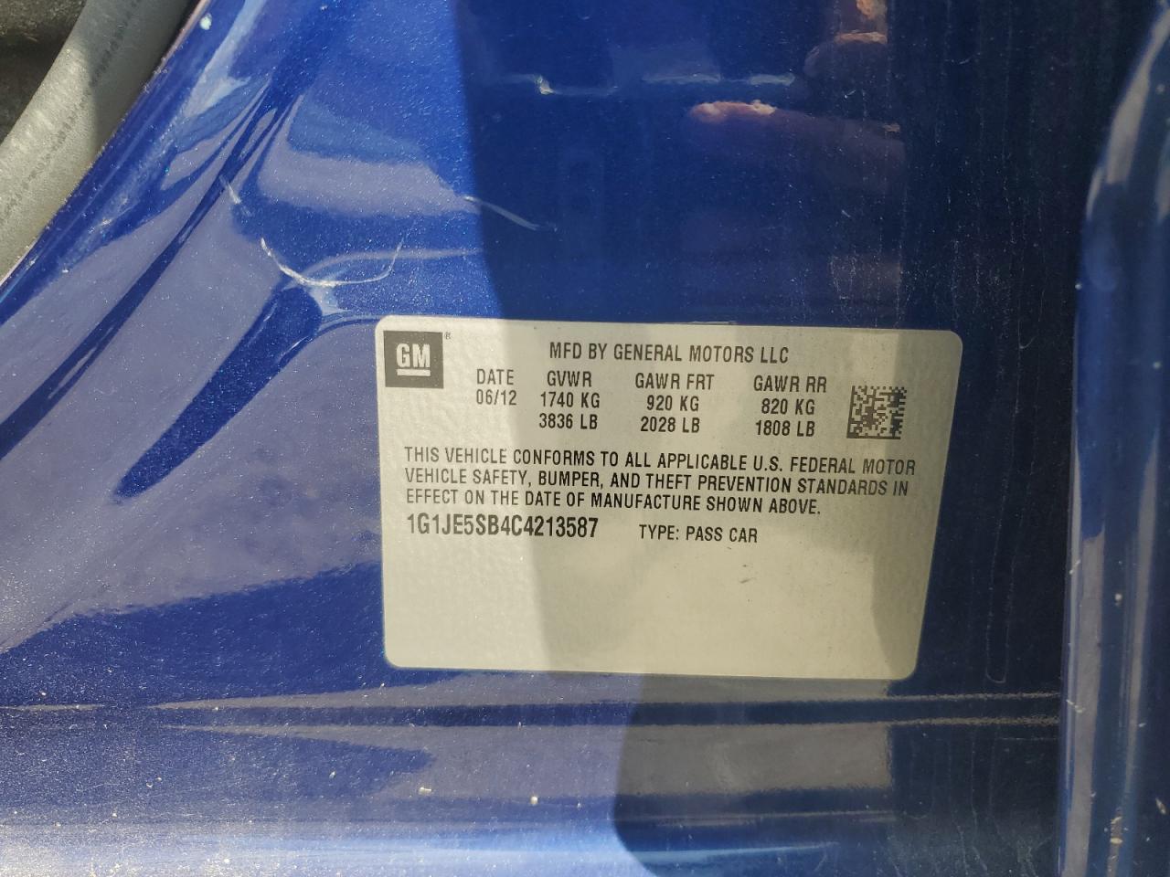 2012 Chevrolet Sonic Ltz VIN: 1G1JE5SB4C4213587 Lot: 63077975