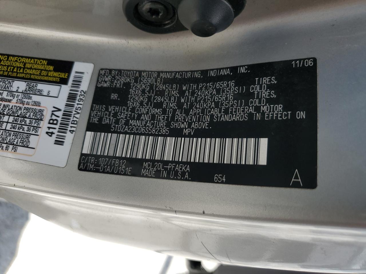 2006 Toyota Sienna Ce VIN: 5TDZA23C06S582385 Lot: 65148705
