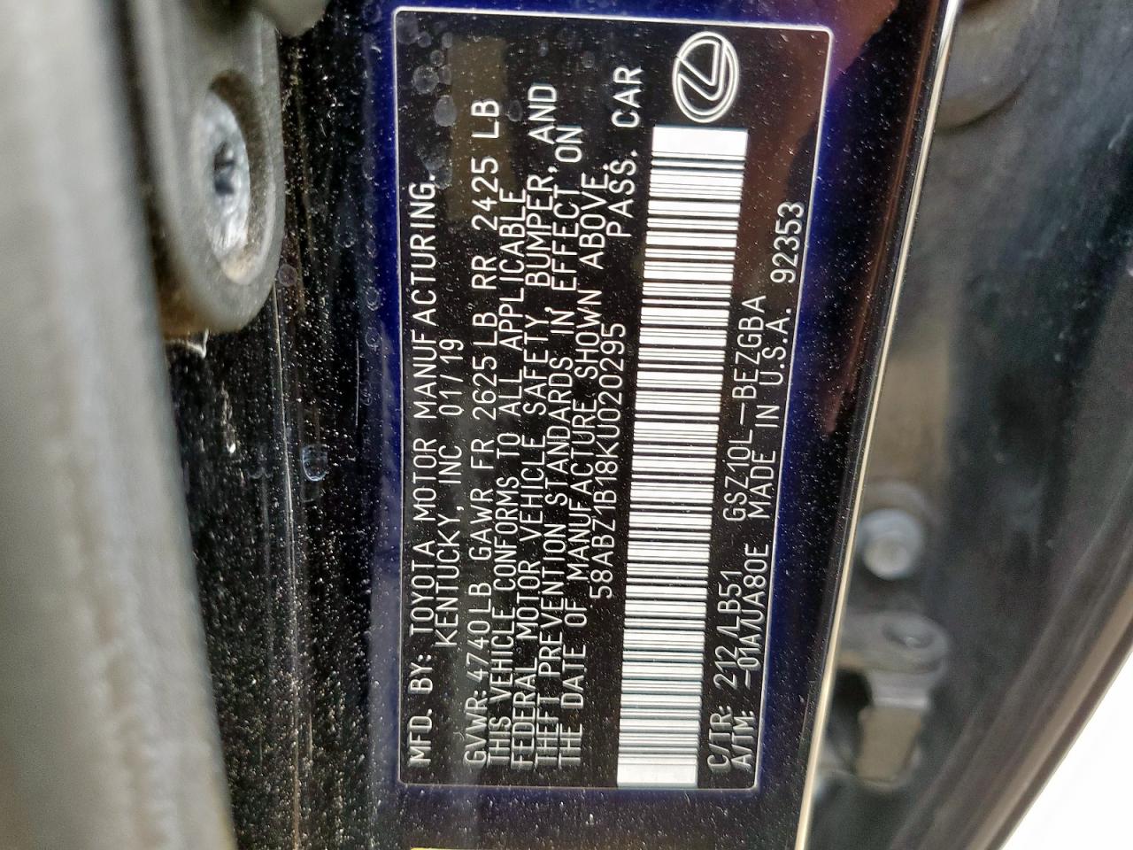2019 Lexus Es 350 VIN: 58ABZ1B18KU020295 Lot: 65185925