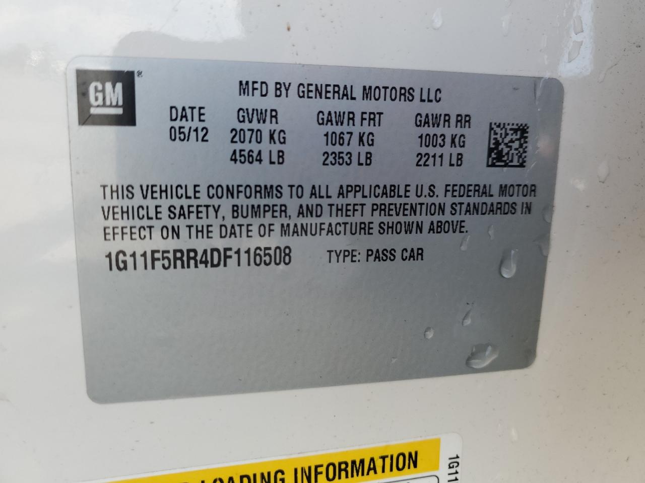 2013 Chevrolet Malibu 2Lt VIN: 1G11F5RR4DF116508 Lot: 63021805