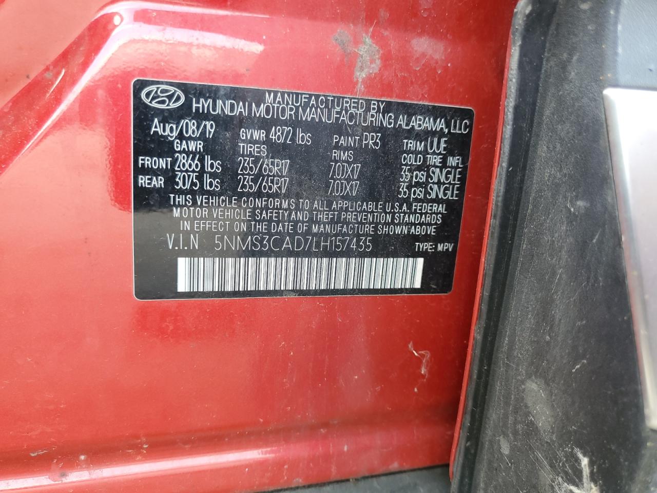 2020 Hyundai Santa Fe Sel VIN: 5NMS3CAD7LH157435 Lot: 64315705