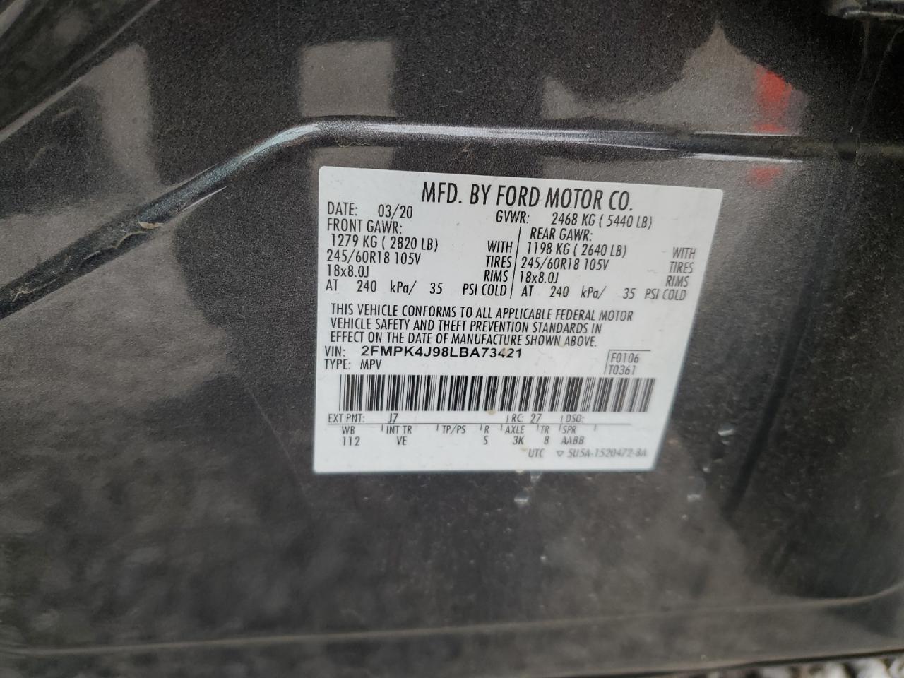 2020 Ford Edge Sel VIN: 2FMPK4J98LBA73421 Lot: 65414545