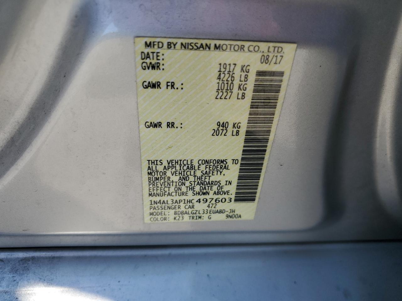 2017 Nissan Altima 2.5 VIN: 1N4AL3AP1HC497603 Lot: 65173575