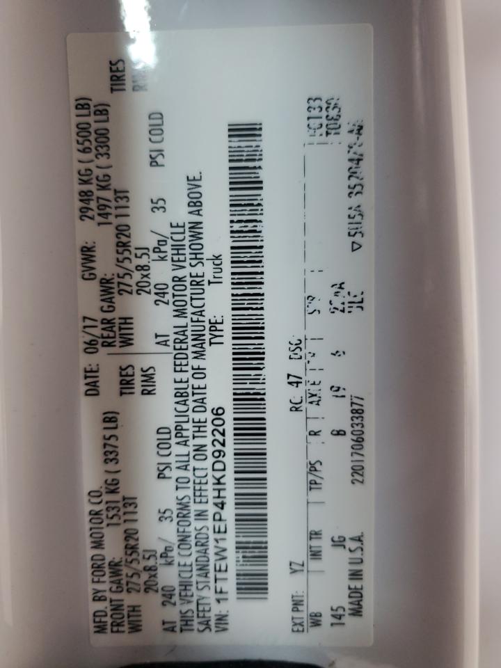 2017 Ford F150 Supercrew VIN: 1FTEW1EP4HKD92206 Lot: 66685275