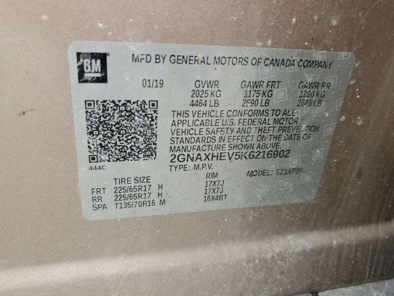 2019 Chevrolet Equinox Ls VIN: 2GNAXHEV5K6216902 Lot: 65383495