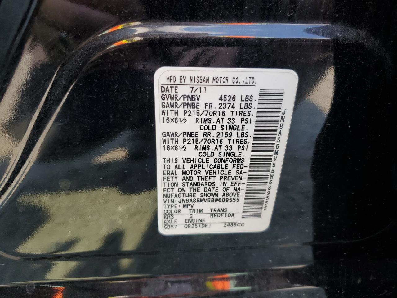 2011 Nissan Rogue S VIN: JN8AS5MV5BW689555 Lot: 63505825
