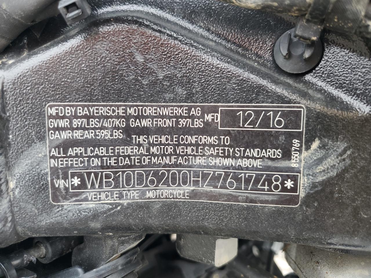 2017 BMW S 1000 R VIN: WB10D6200HZ761748 Lot: 64805785