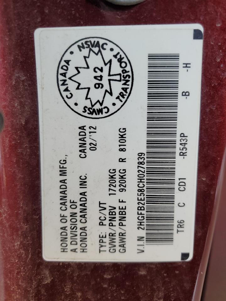 2012 Honda Civic Lx VIN: 2HGFB2E58CH027839 Lot: 66937055