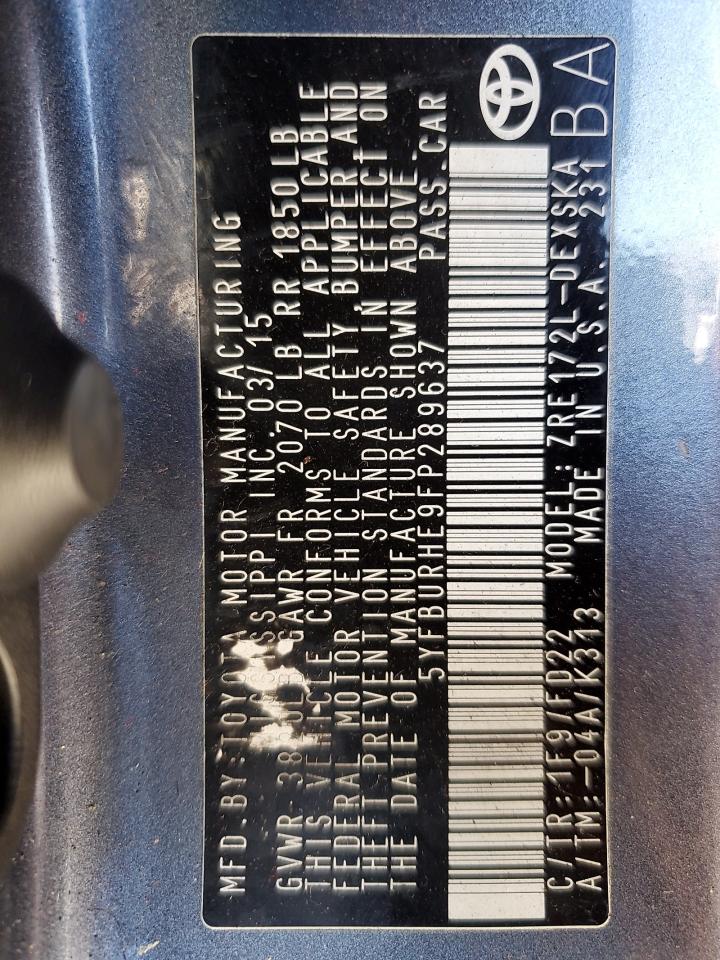 2015 Toyota Corolla L VIN: 5YFBURHE9FP289637 Lot: 65286005