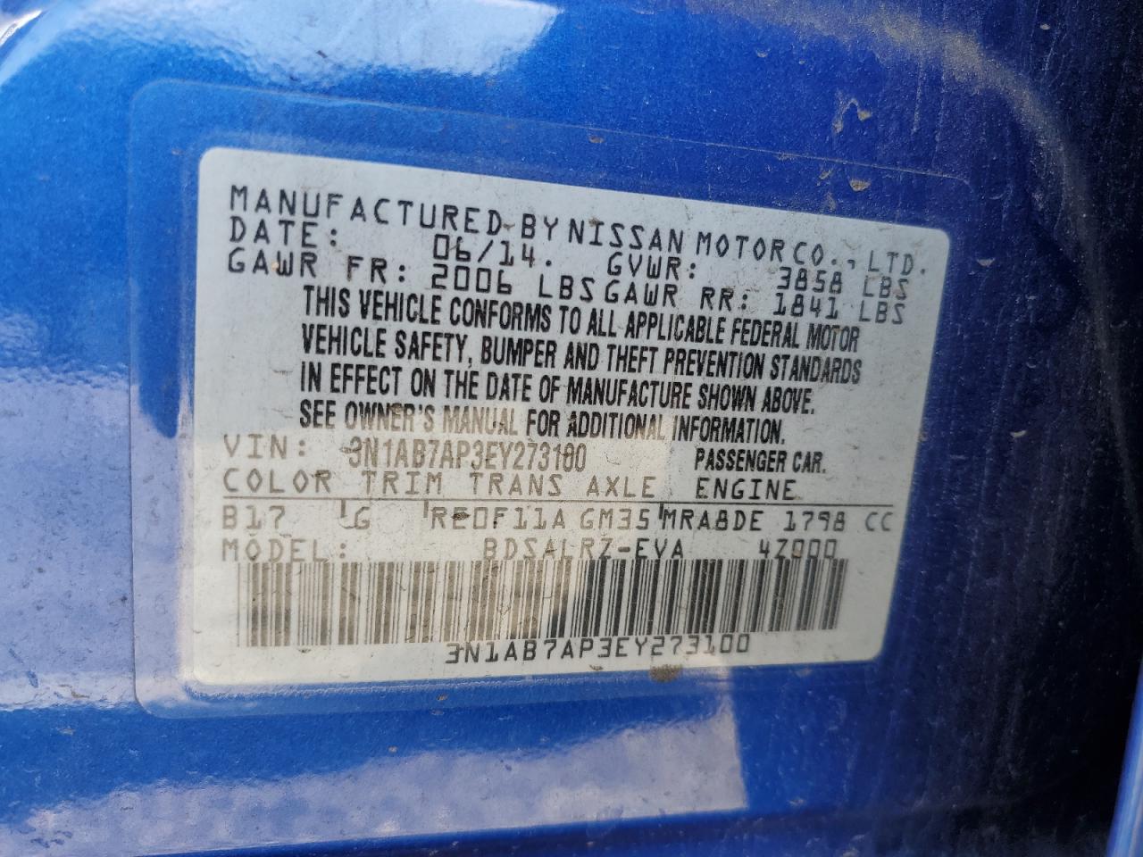 2014 Nissan Sentra S VIN: 3N1AB7AP3EY273100 Lot: 65570405
