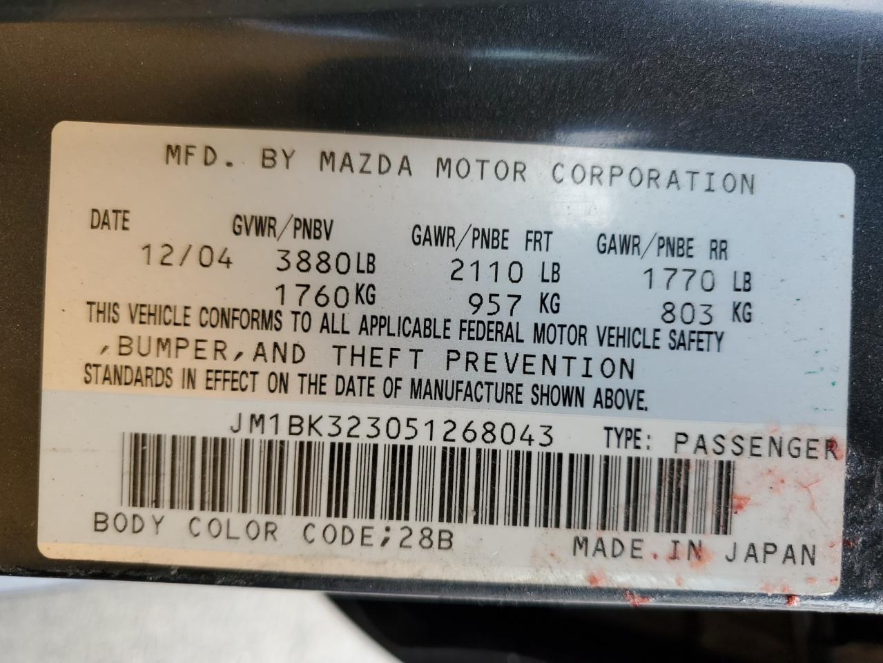 2005 Mazda 3 S VIN: JM1BK323051268043 Lot: 65280165