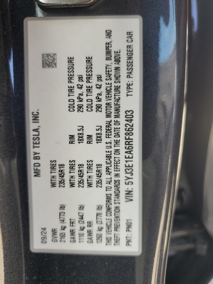2024 Tesla Model 3 VIN: 5YJ3E1EA6RF862403 Lot: 64765775