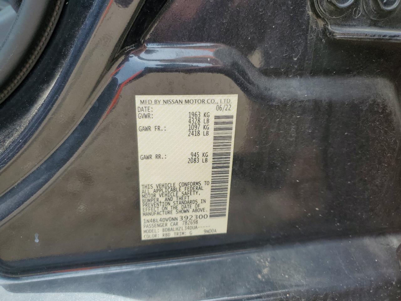 2022 Nissan Altima Sv VIN: 1N4BL4DV0NN392300 Lot: 64128565