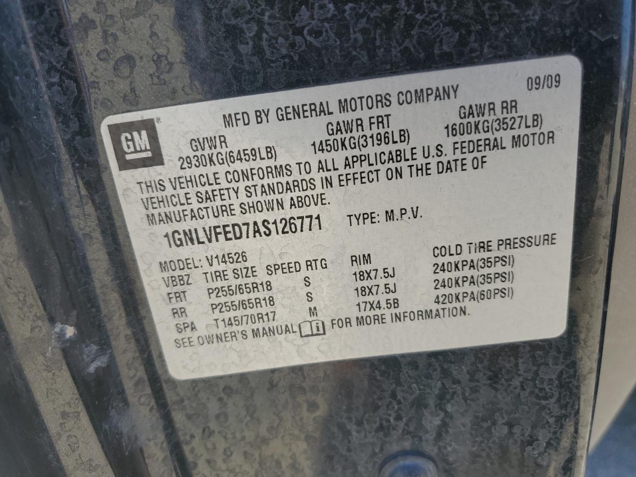 2010 Chevrolet Traverse Lt VIN: 1GNLVFED7AS126771 Lot: 65249335