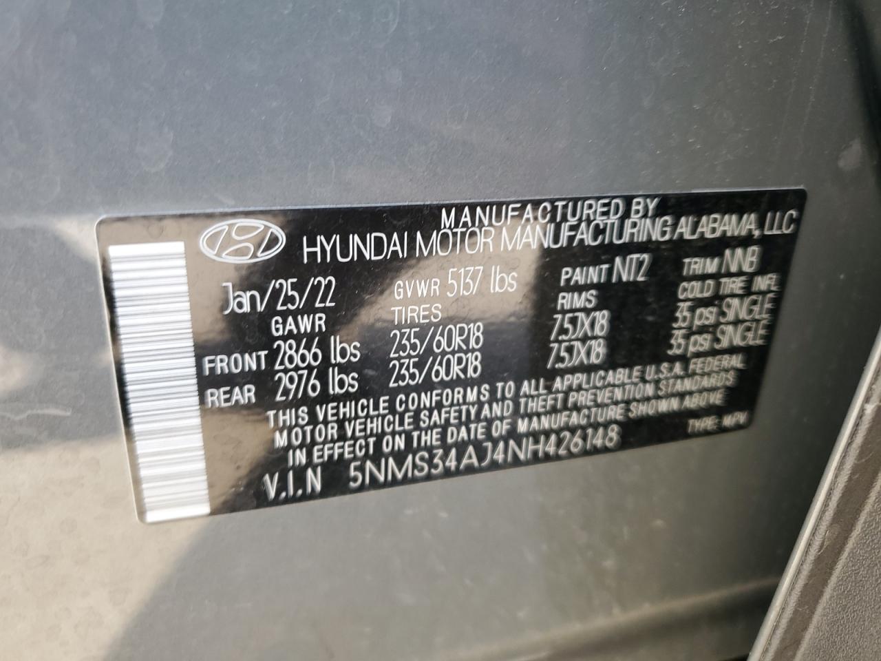 5NMS34AJ4NH426148 2022 Hyundai Santa Fe Sel