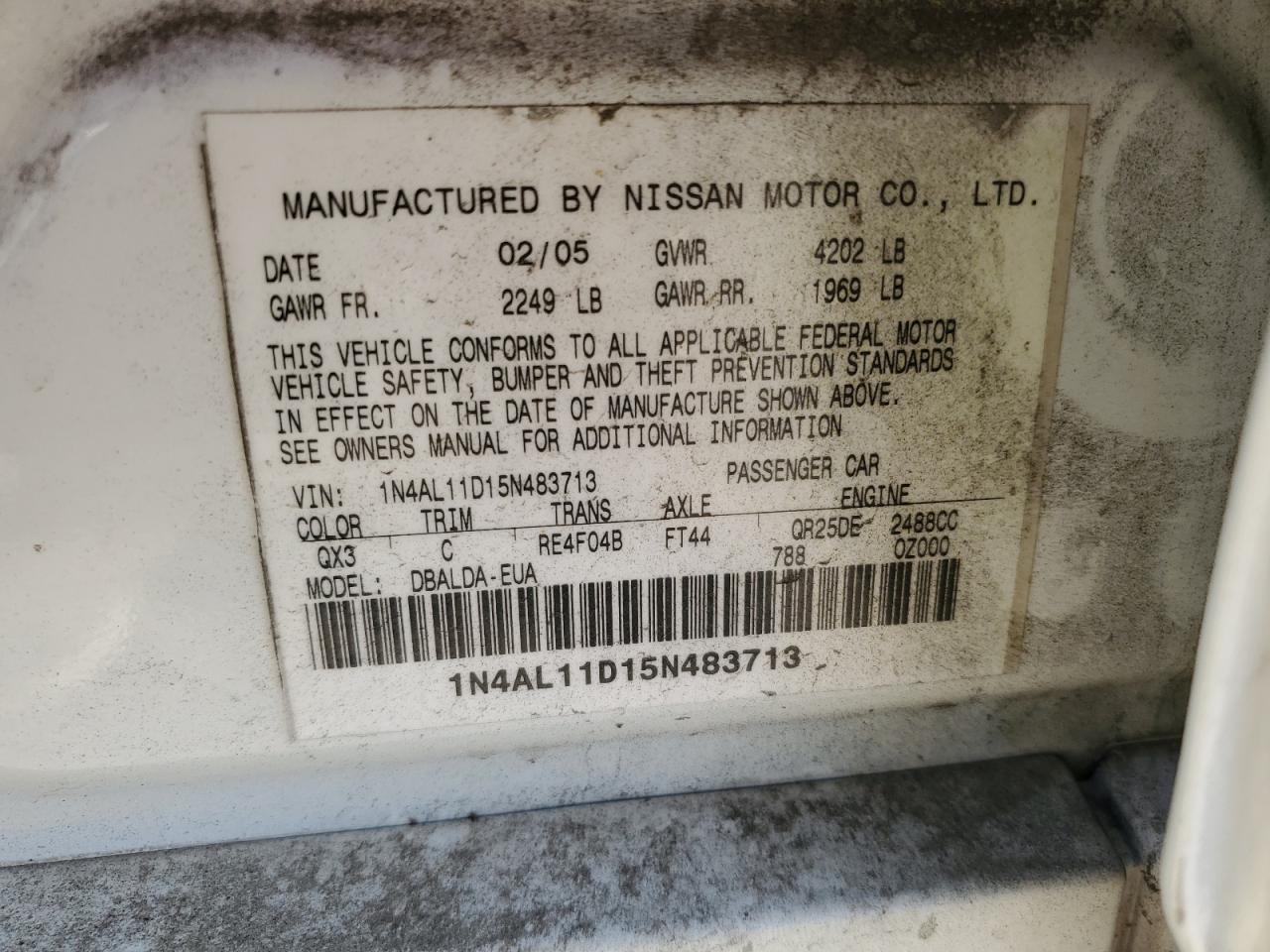 2005 Nissan Altima S VIN: 1N4AL11D15N483713 Lot: 63535105
