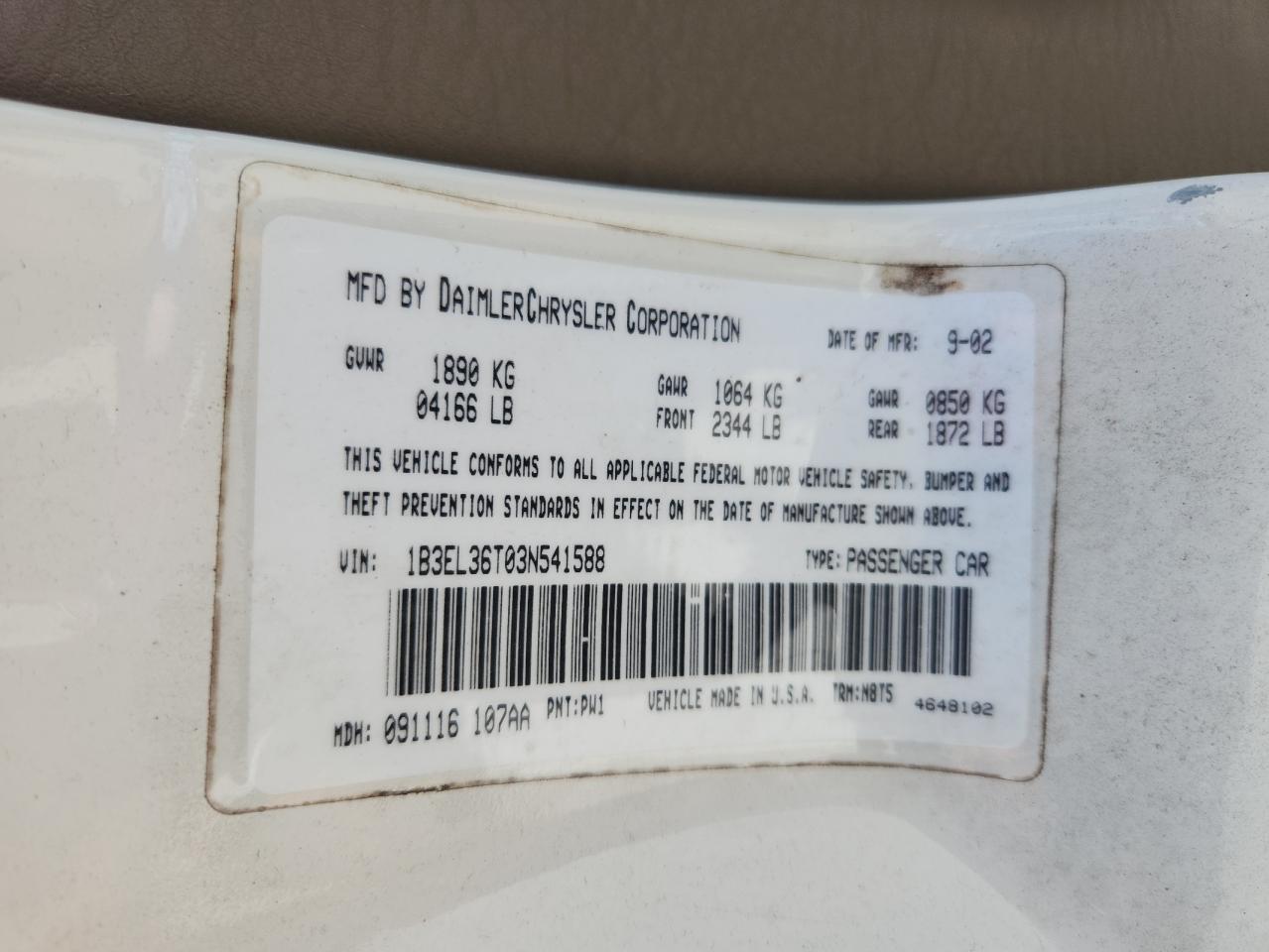 2003 Dodge Stratus Se VIN: 1B3EL36T03N541588 Lot: 63550025