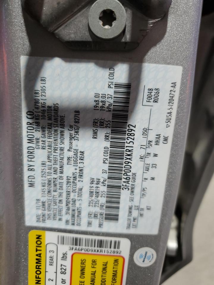 2019 Ford Fusion Titanium VIN: 3FA6P0D9XKR152892 Lot: 62984305