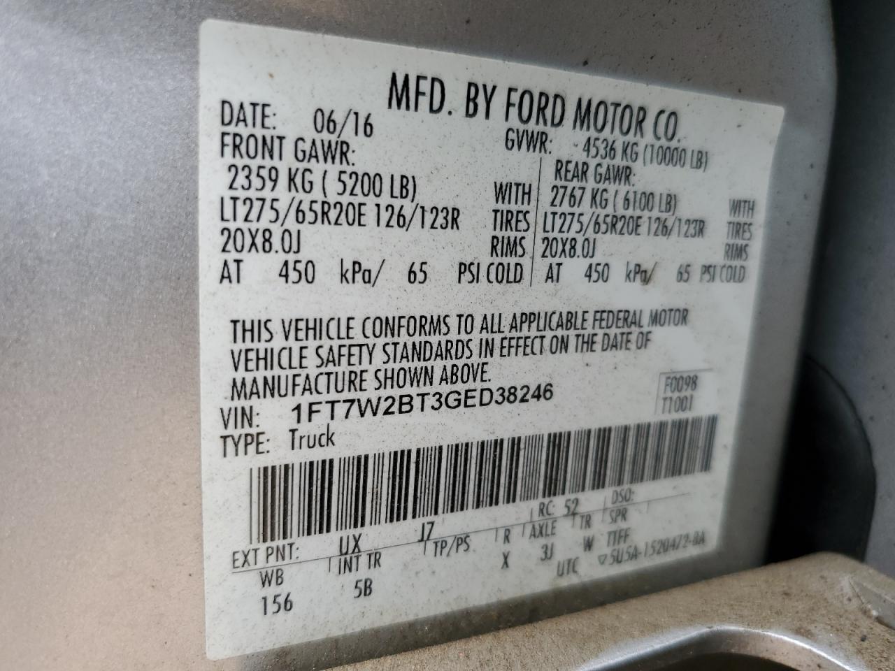 2016 Ford F250 Super Duty VIN: 1FT7W2BT3GED38246 Lot: 66519185