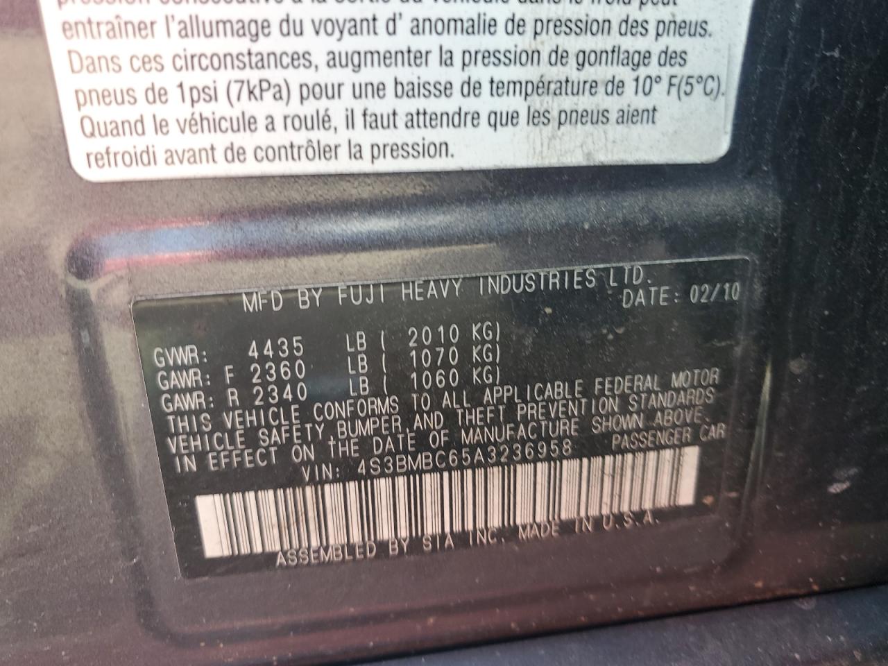 2010 Subaru Legacy 2.5I Premium VIN: 4S3BMBC65A3236958 Lot: 64566075