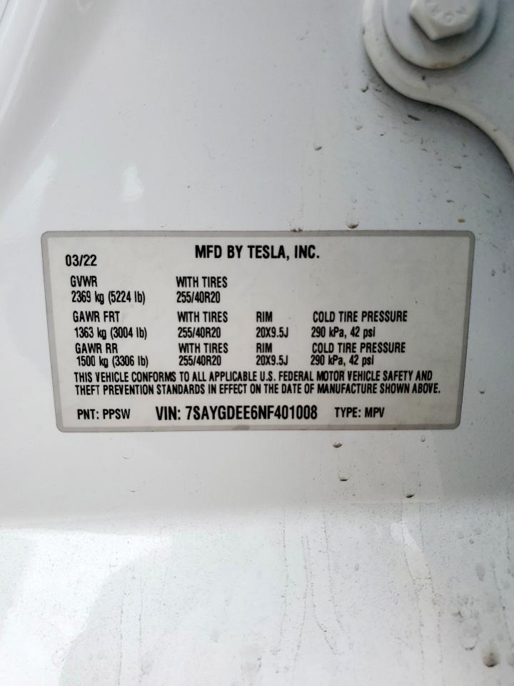 2022 Tesla Model Y VIN: 7SAYGDEE6NF401008 Lot: 63008035