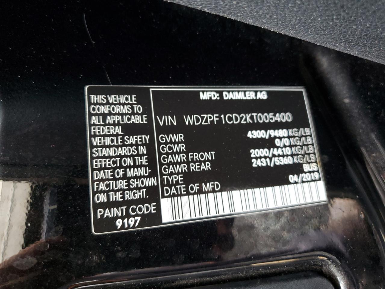 2019 Mercedes-Benz Sprinter 2500/3500 VIN: WDZPF1CD2KT005400 Lot: 63081345