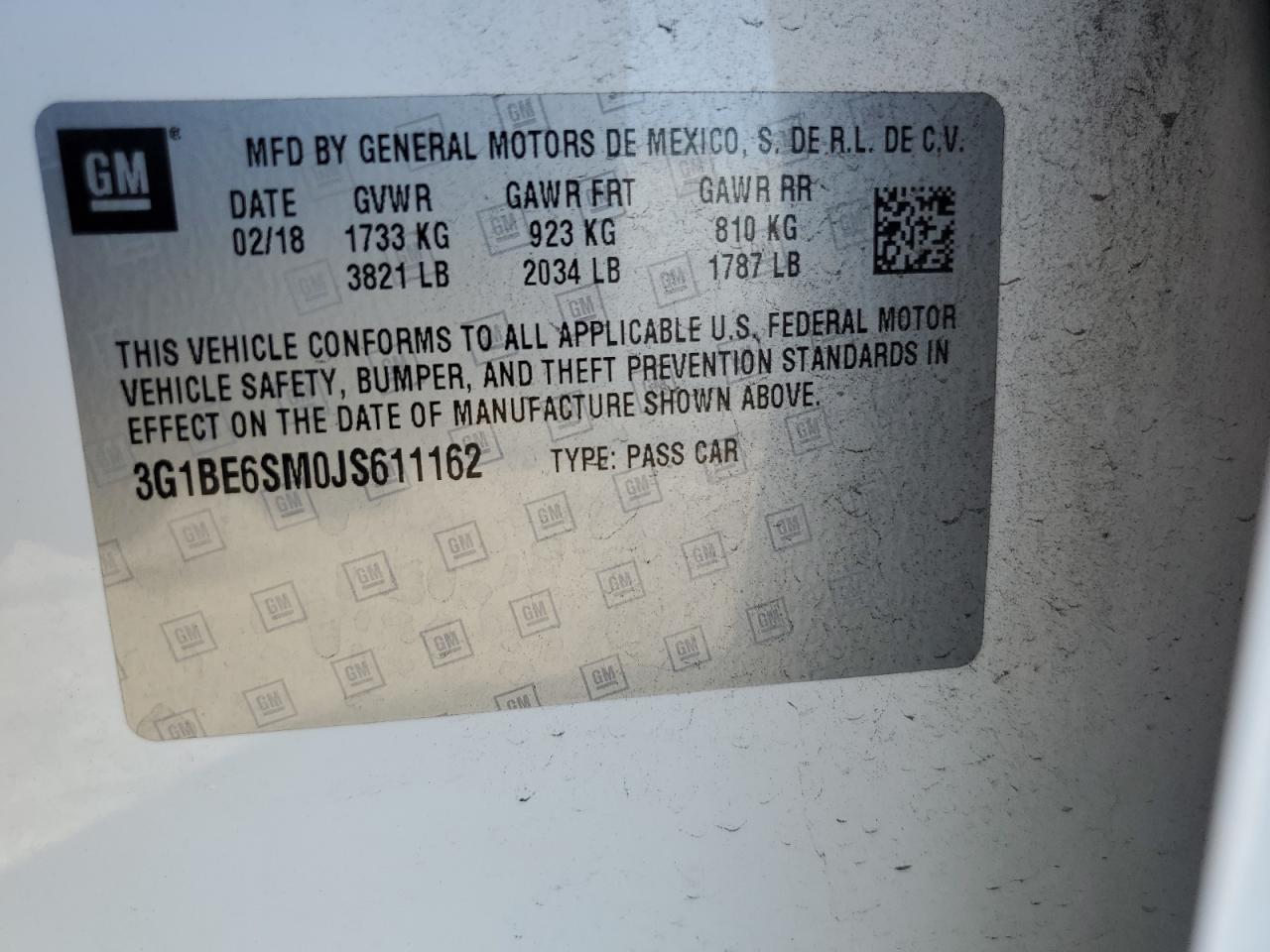 2018 Chevrolet Cruze Lt VIN: 3G1BE6SM0JS611162 Lot: 64797195