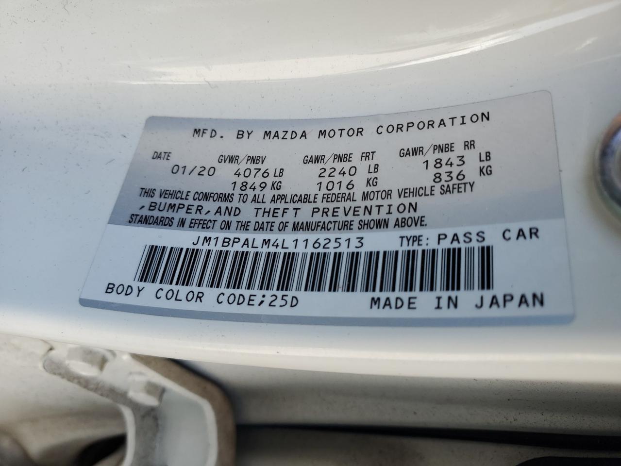 2020 Mazda 3 VIN: JM1BPALM4L1162513 Lot: 63447255
