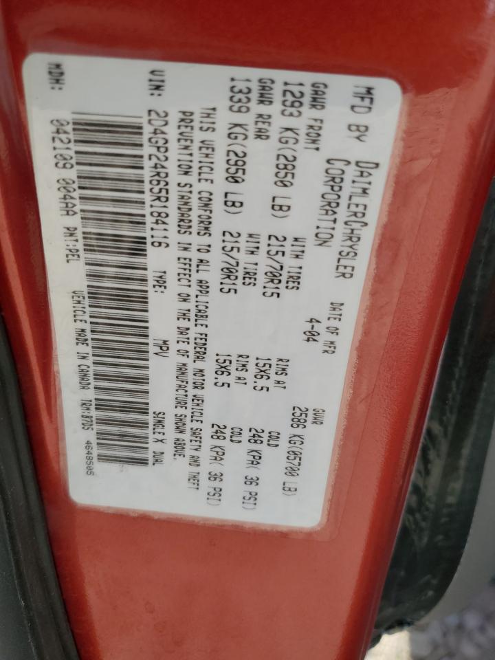 2005 Dodge Grand Caravan Se VIN: 2D4GP24R65R184116 Lot: 63531675