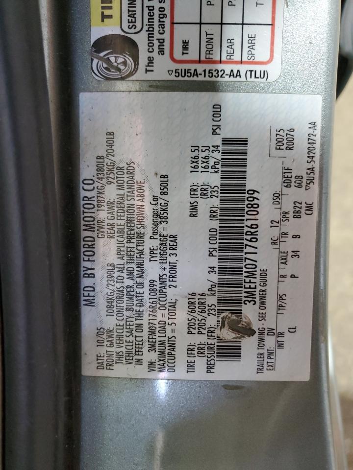 2006 Mercury Milan VIN: 3MEFM07176R610899 Lot: 65504665