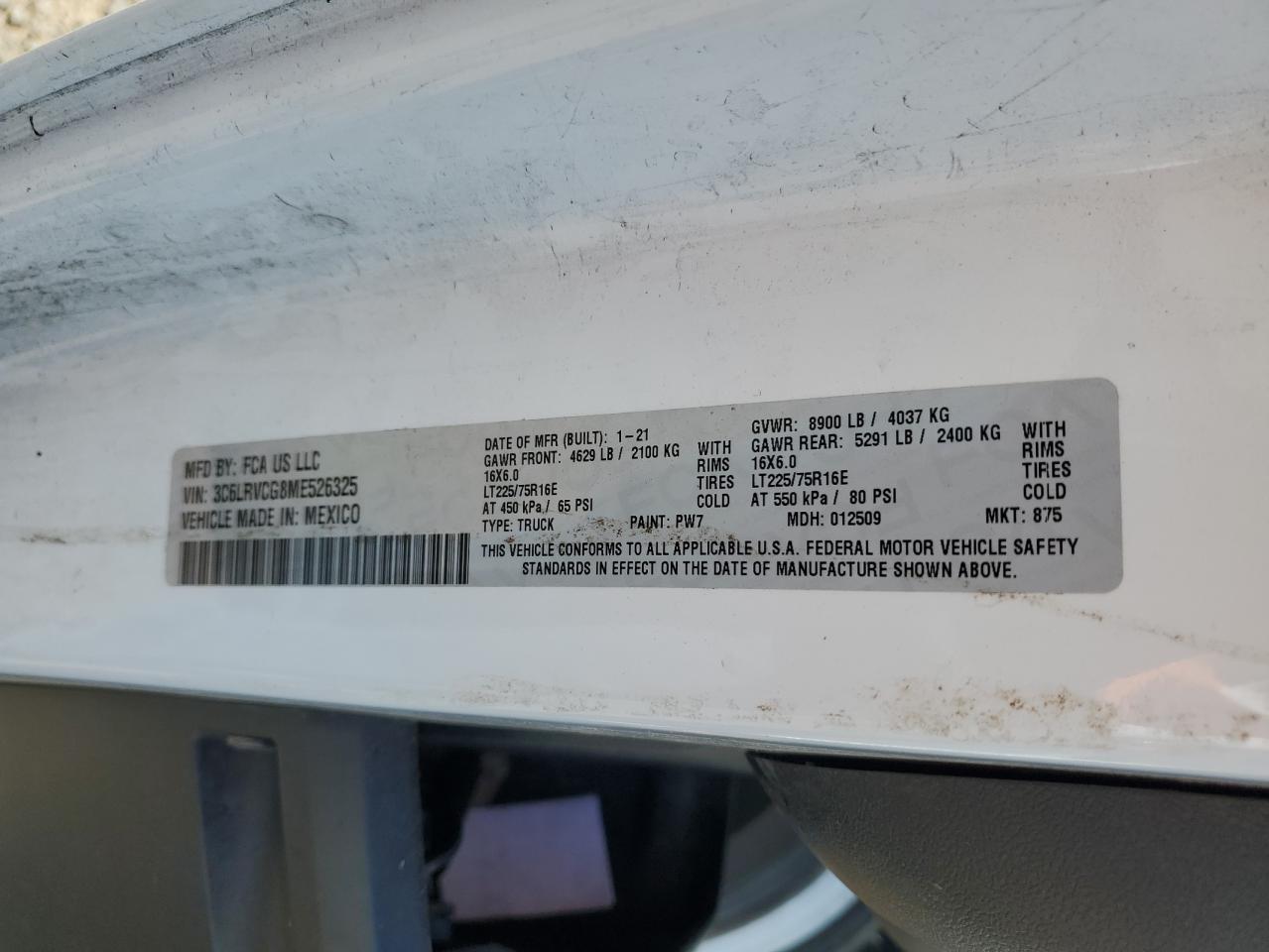 2021 Ram Promaster 2500 2500 High VIN: 3C6LRVCG8ME526325 Lot: 65361085
