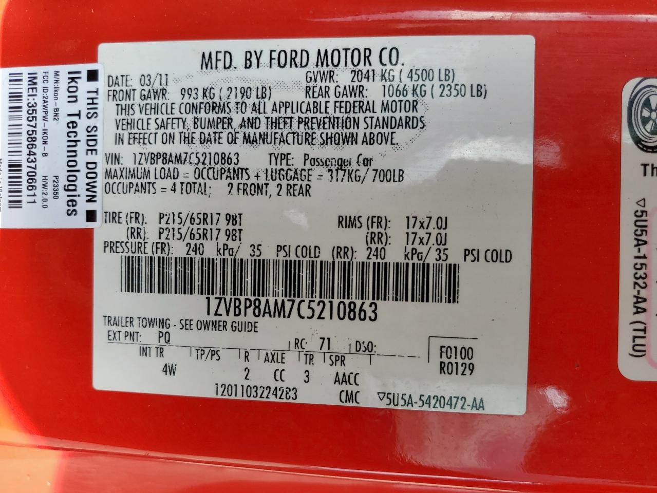 2012 Ford Mustang VIN: 1ZVBP8AM7C5210863 Lot: 64047965