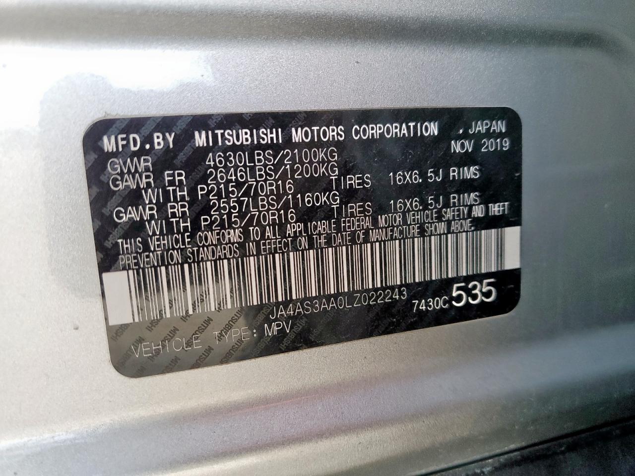 2020 Mitsubishi Eclipse Cross Es VIN: JA4AS3AA0LZ022243 Lot: 68201565